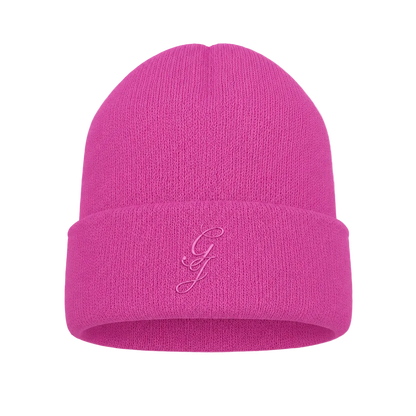 Pink beanie with a logo on transparent background