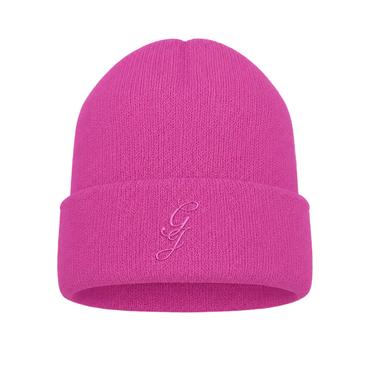 Pink beanie with a logo on transparent background