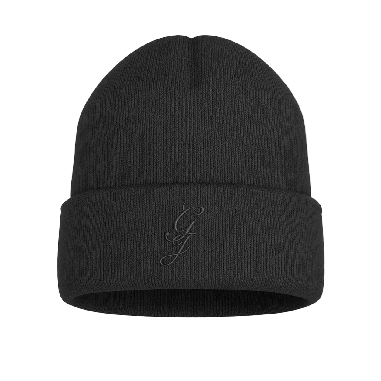 Black beanie with a logo on a transparent background