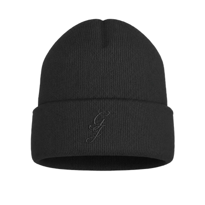 Black beanie with a logo on a transparent background