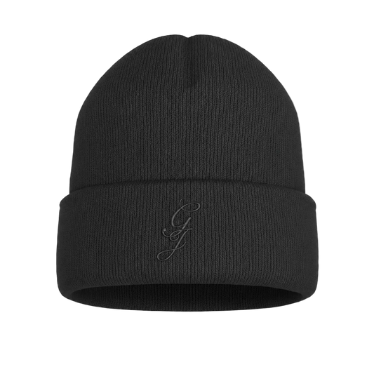 Black beanie with a logo on a transparent background